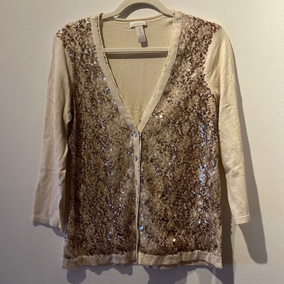 Chico's 0 Small Cardigan w/ Neutral Sequins Cream 3/4 Sleeves * - Picture 1 of 9